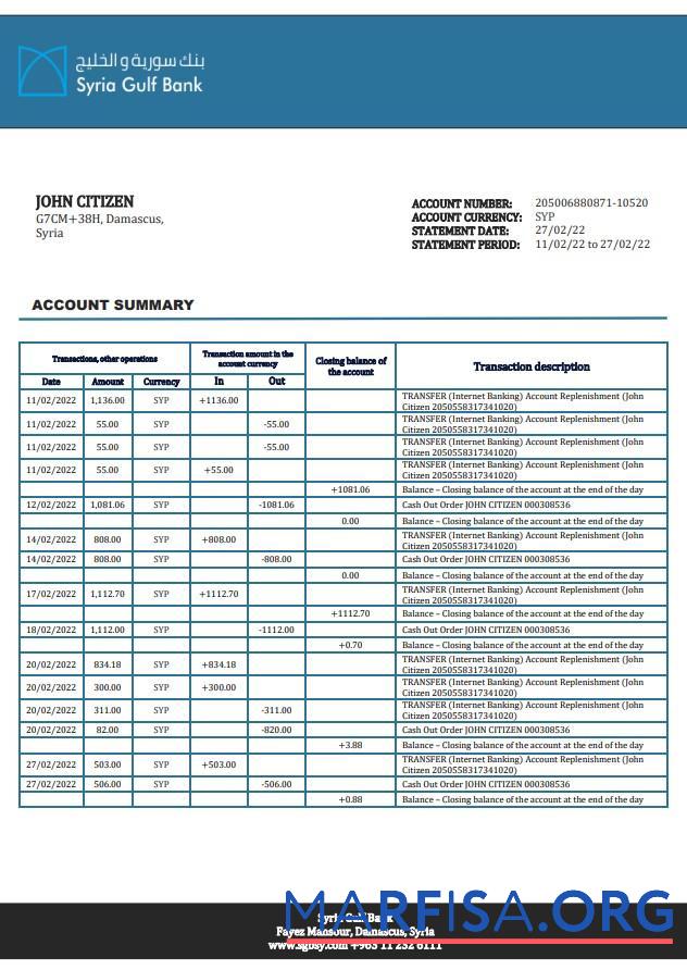 Printable Syria Gulf bank proof of address statement word real example